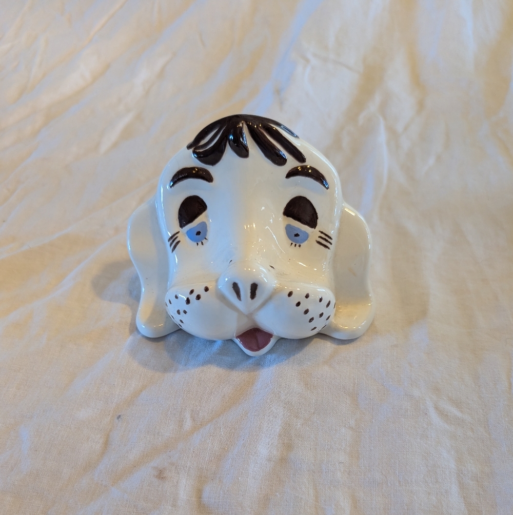 2/20$ Vintage White Ceramic Dog Face with Black and Light Blue Accents